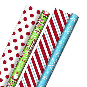 Hallmark Reversible Christmas Wrapping Paper for Kids - Bulk (2 Jumbo Rolls: 160 sq. ft. ttl) Santa, Snowflakes, Stripes, Red Dots